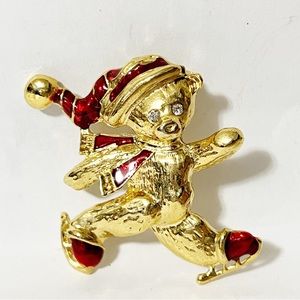 Gold Tone Skating Bear Brooch And Rhinestone Eyes Red Hat Scarf Shoes